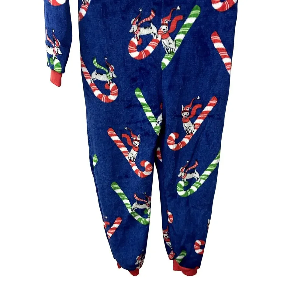 Munki Munki Youth Candy Cane Sled Hooded Fleece Pajamas Zip-Up One-Piece Blue 4